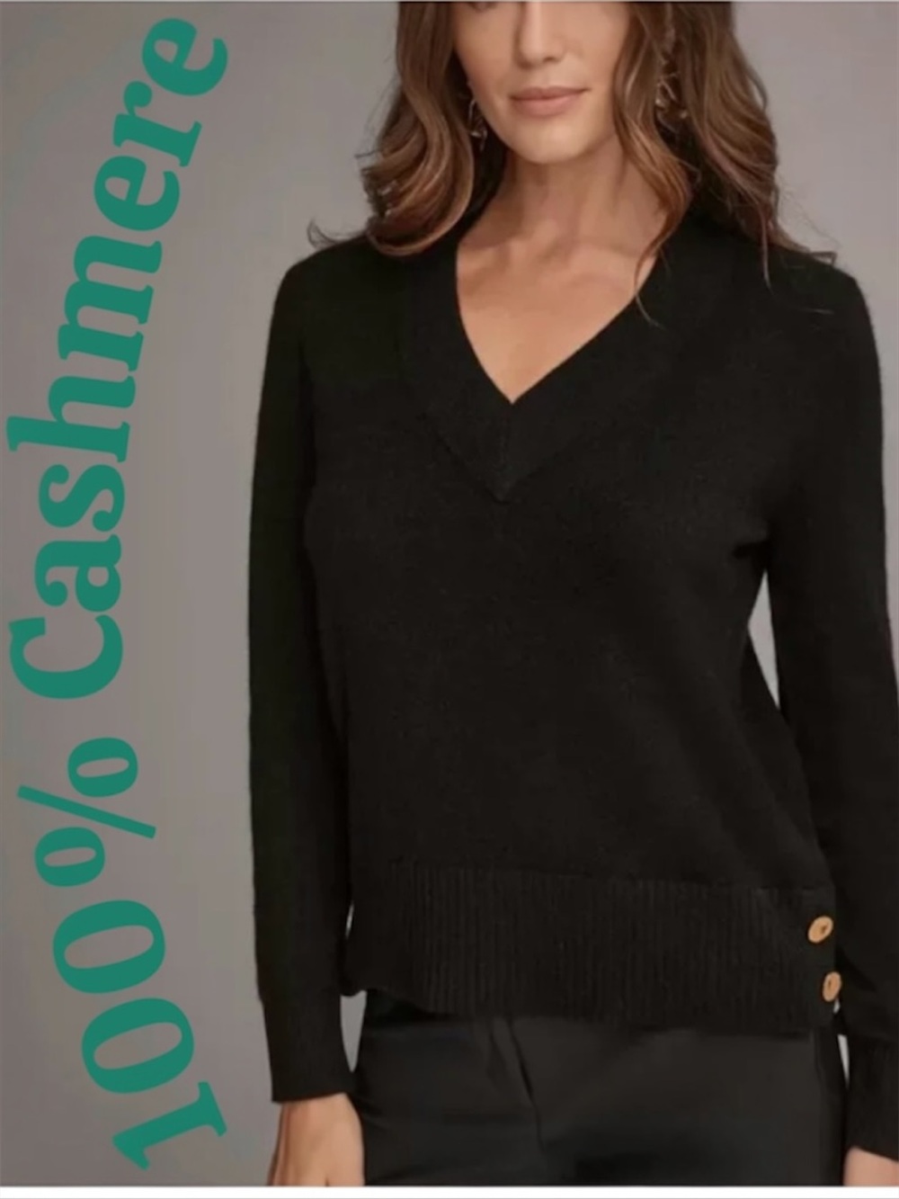 Donna Karan V-Neck Cashmere Sweater with Gold Button Detail Black Medium NWT